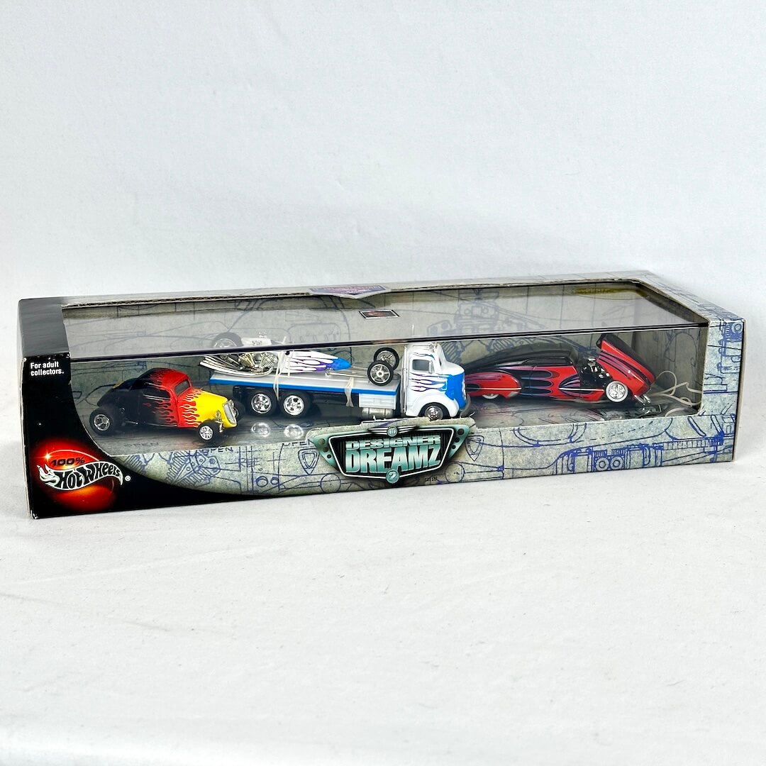 Hot Wheels Designer Dreamz car set in its original window box packaging, featuring a die-cast cars of various colors.