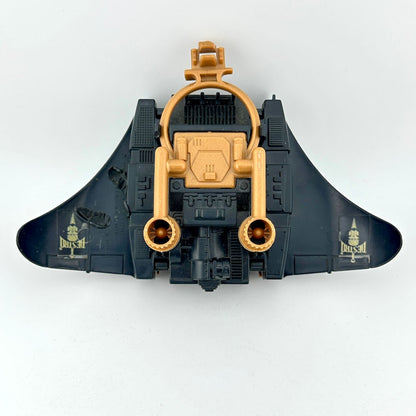 Toy spaceship with gold and black design on a white background