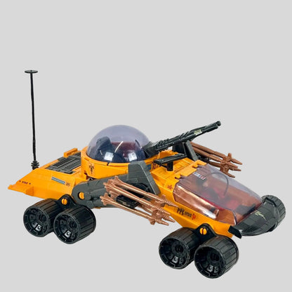 Toy vehicle with orange and black design on a white background