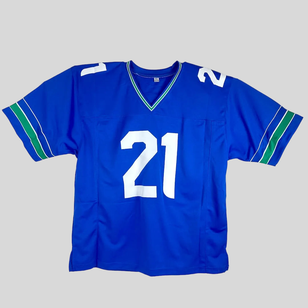 Blue sports jersey with number 21 on a white background