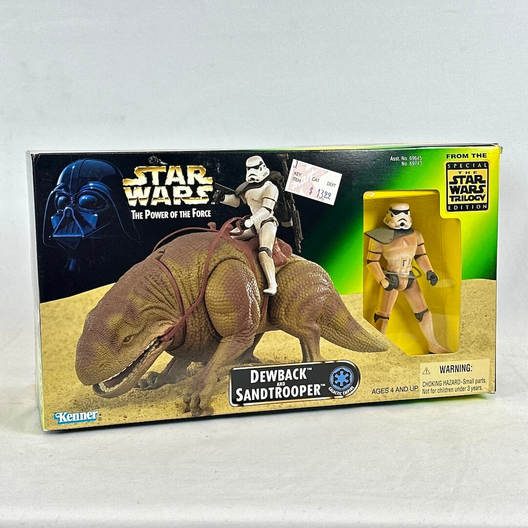 Star Wars Dewback Sandtrooper toy set packaging with stormtrooper figure on a white background