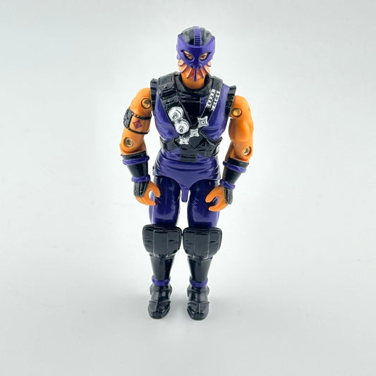 Action figure with purple costume on a white background