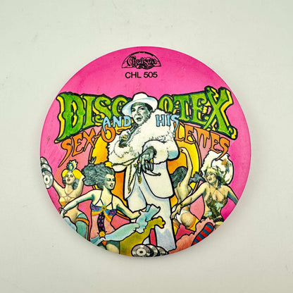 A circular pink pinback button badge featuring the album cover art for Disco-Tex and the Sex-O-Lette. 