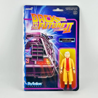 Back to the Future action figure of Doc Brown in his signature yellow jacket and red tie, packaged on a blister card.