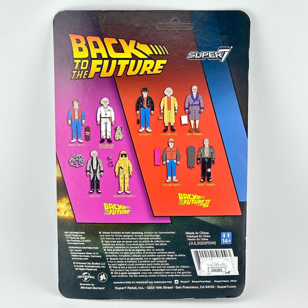 Back to the Future action figure packaging with character illustrations on a white background