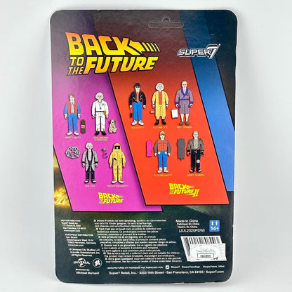 Back to the Future action figure packaging with character illustrations on a white background