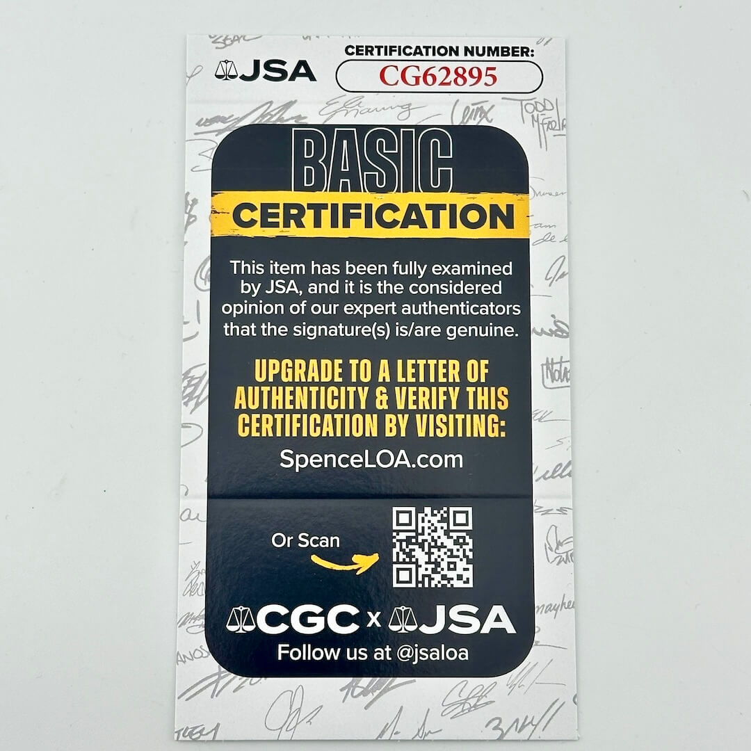 JSA certification card for basic authentication on a gray background