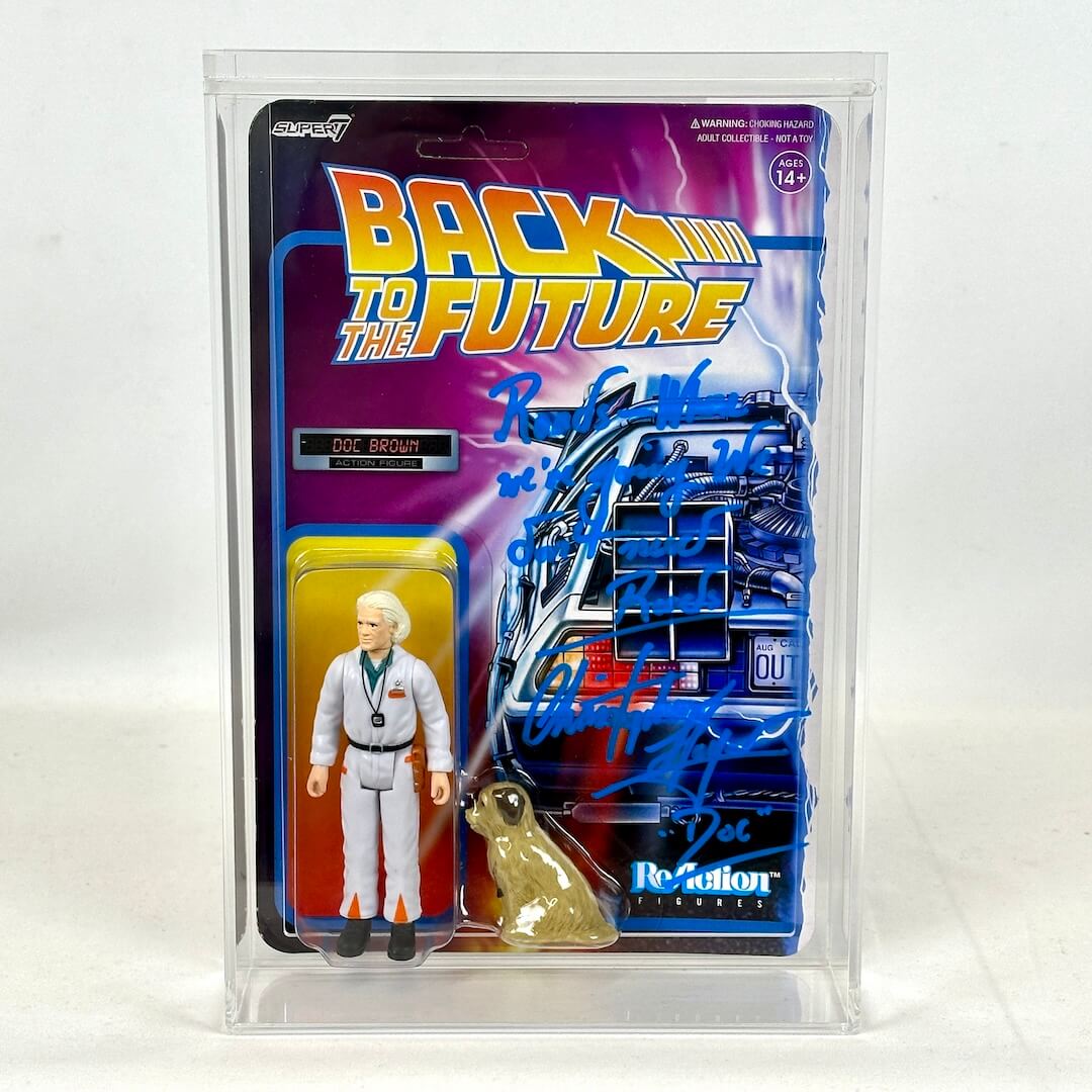 Back to the Future action figure packaging with Doc Brown on a white background