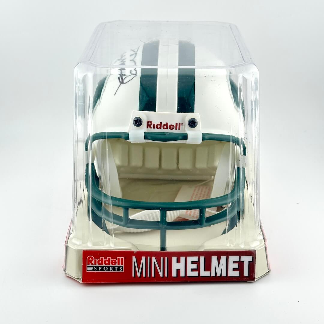 Riddell mini football helmet in clear packaging on a white background