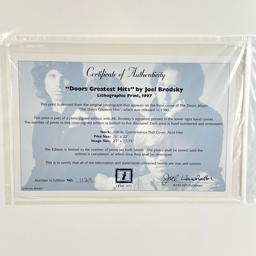 Certificate of Authenticity for 'Doors Greatest Hits' lithographic print by Joel Brodsky.