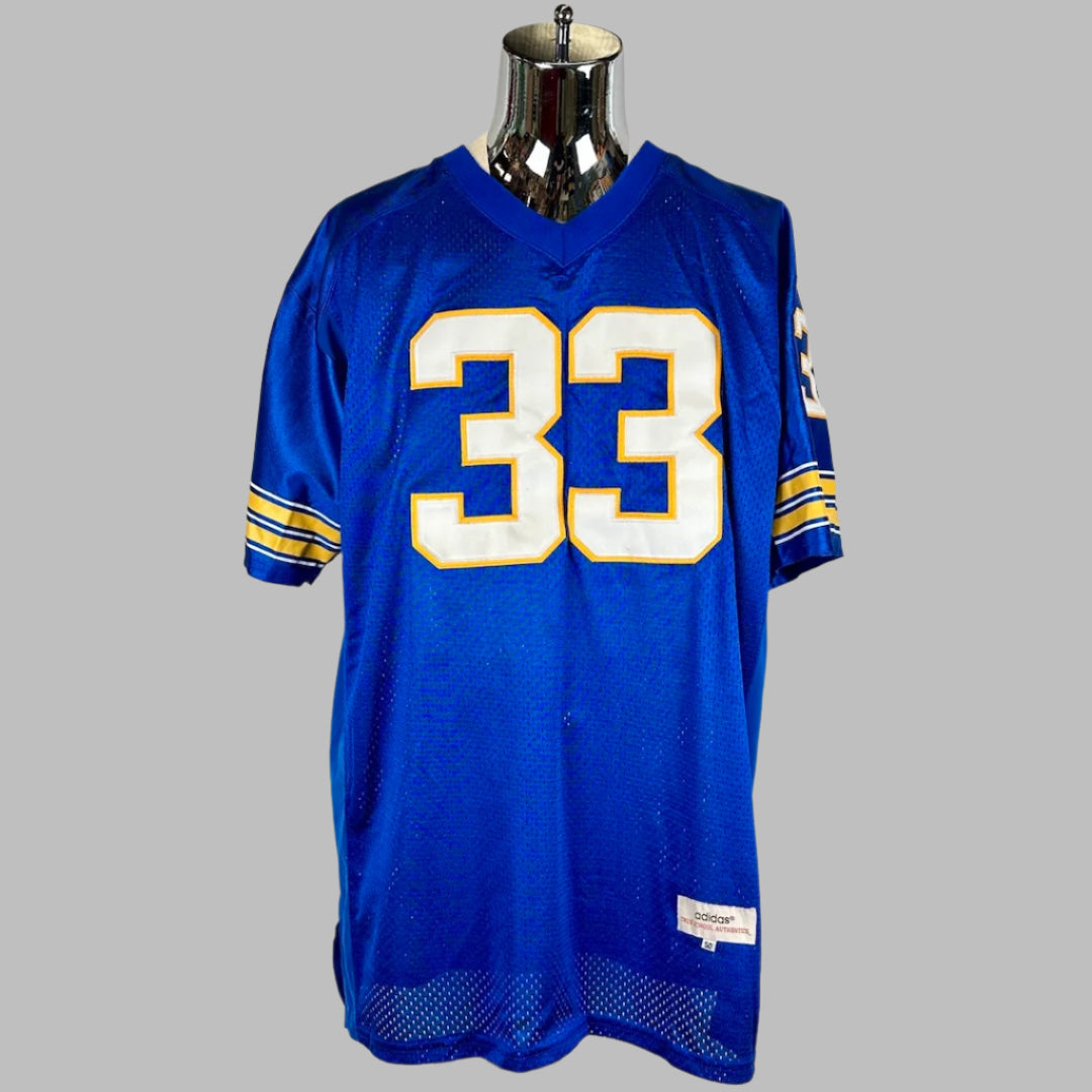 Front of blue mesh jersey with white 33 outlined in yellow on chest. Yellow/white stripes on sleeves. 