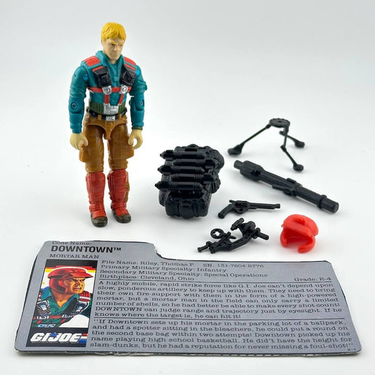 Toy figure with accessories and character card on a white background