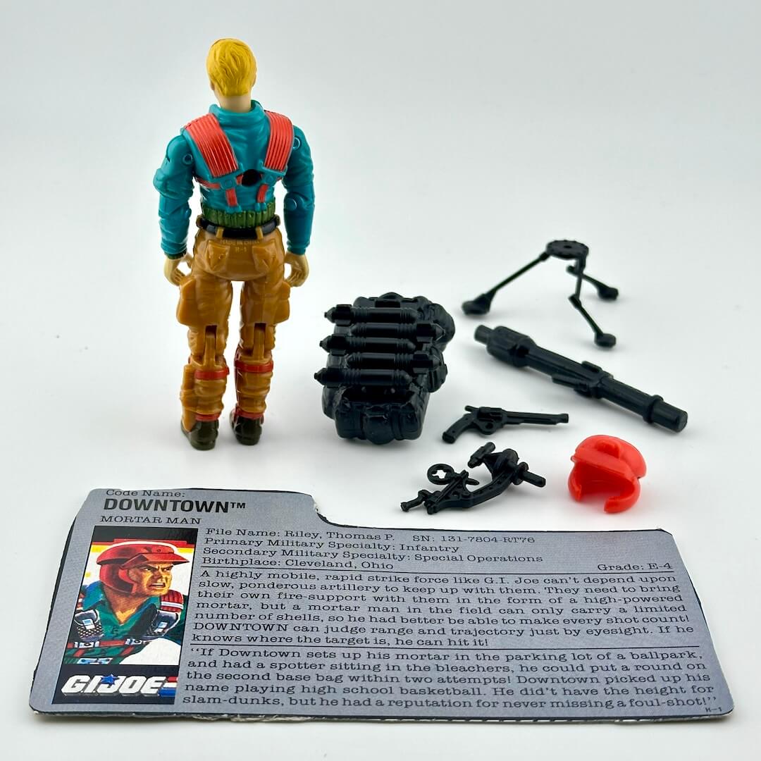 Toy figure with accessories and character card on a white background