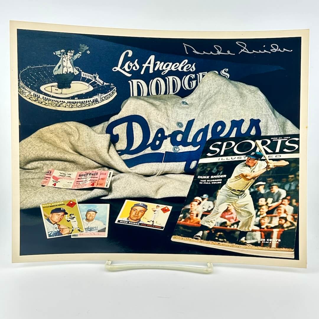 Photo of arranged baseball memorabilia featuring Duke Snider and his signature. 