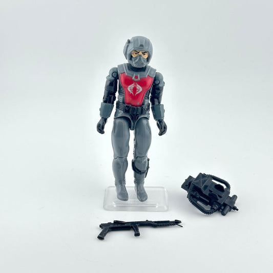 Toy figure with gray and red suit and accessories on a white background