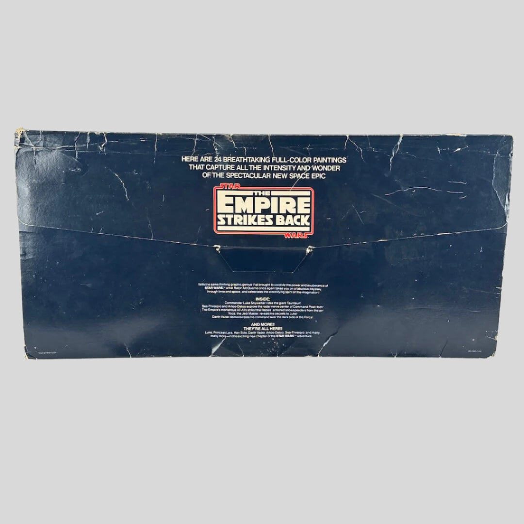 Vintage 'The Empire Strikes Back' movie poster box with text and logo on a white background