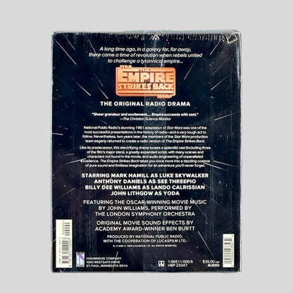 Back cover of a Star Wars audio book packaging with text and branding.