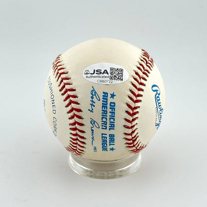 Baseball with Rawlings logo and authentication label on a gray background