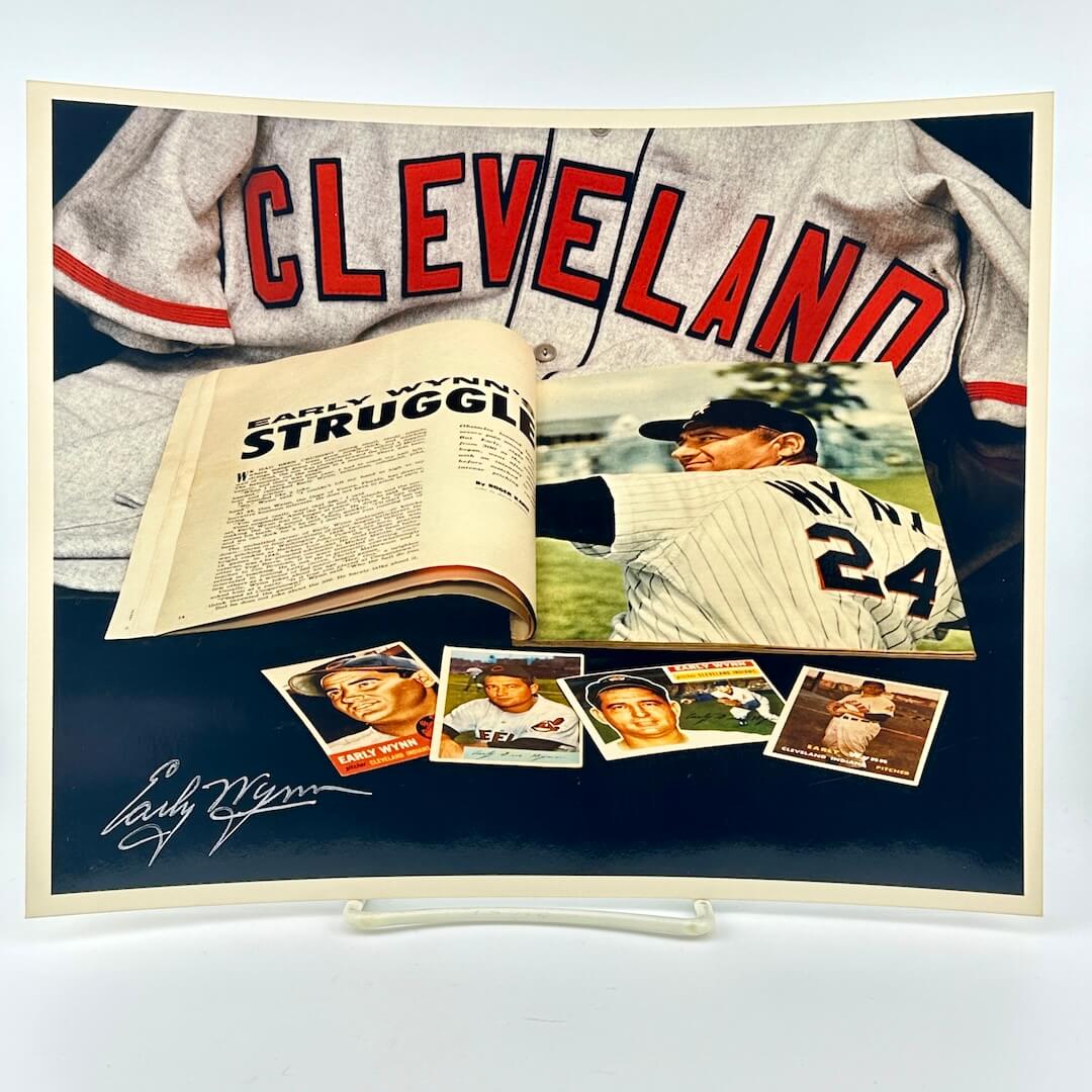 Photo of arranged baseball memorabilia featuring Early Wynn and his signature. 