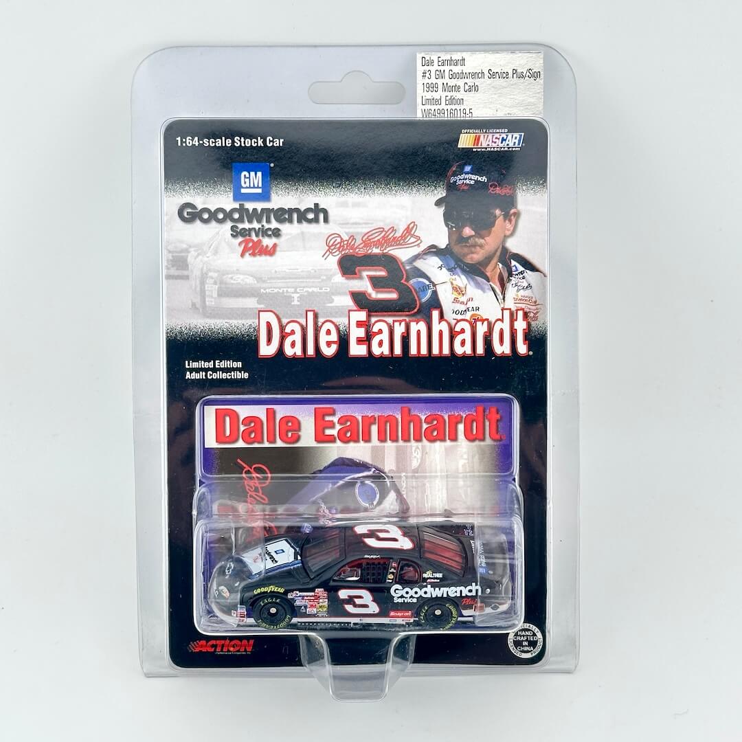 NASCAR Goodwrench Service Plus Dale Earnhardt #3 1:64 scale die-cast stock car in its original blister card packaging.