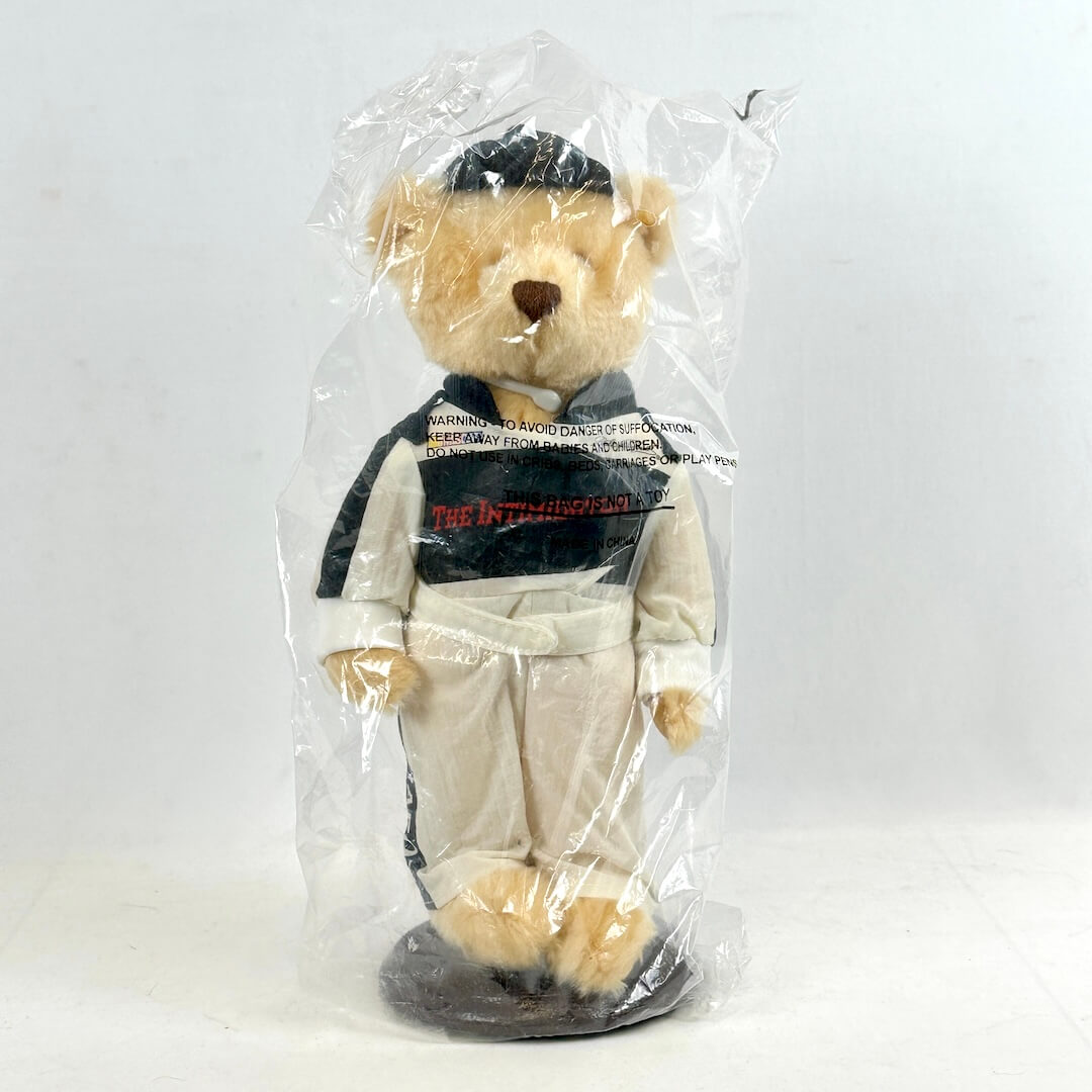Plush bear toy in a clear plastic bag on a white background