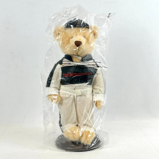 Plush bear toy in a clear plastic bag on a white background