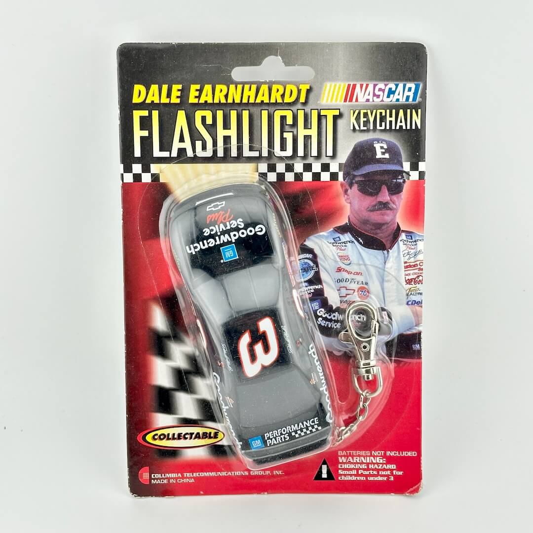 Dale Earnhardt flashlight keychain in packaging with checkered flag design