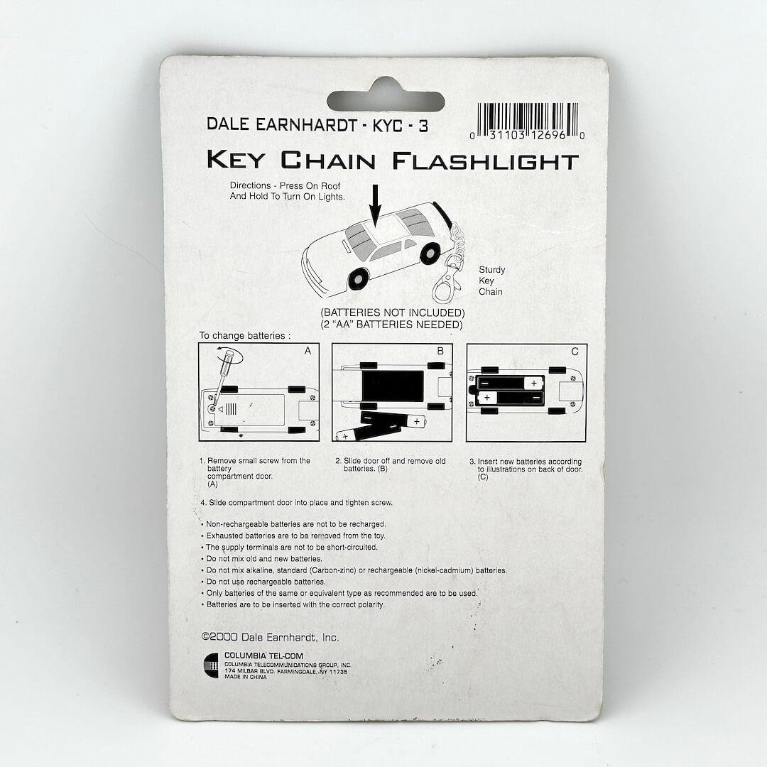 Package of Dale Earnhardt KYC-3 key chain flashlight on a white background