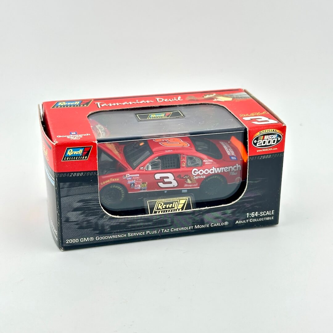A 1:64 scale model car of a red Goodwrench Racing #3 Chevrolet in its original Revell box.