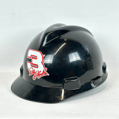 Black hard hat with a red logo on a white background