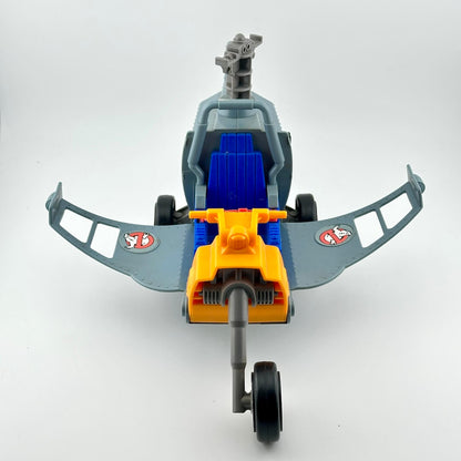Toy helicopter with gray body, blue rotor blades, and yellow tail rotor on a white background