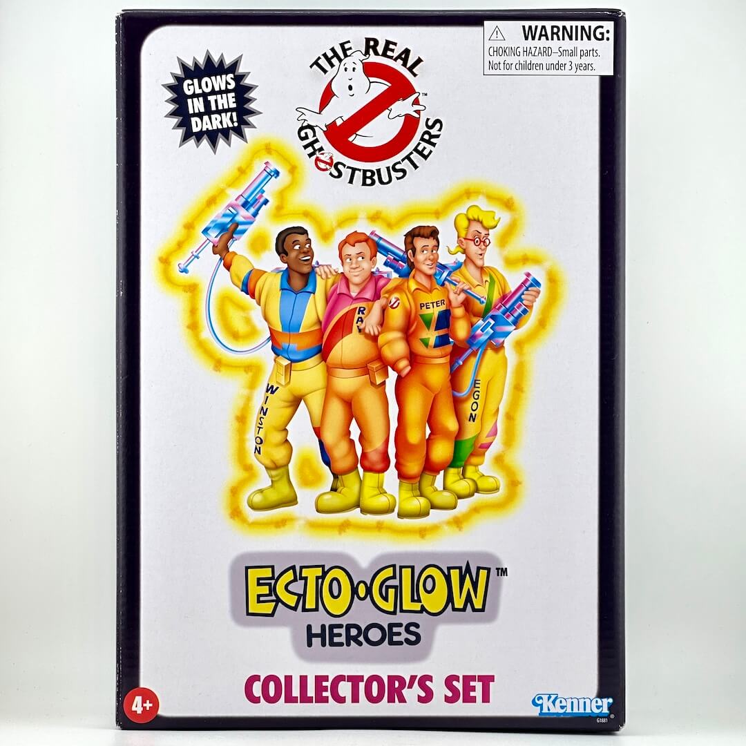 Box of 'The Real Ghostbusters' Ecto-Glow Heroes Collector's Set with character illustration and glow-in-the-dark text.