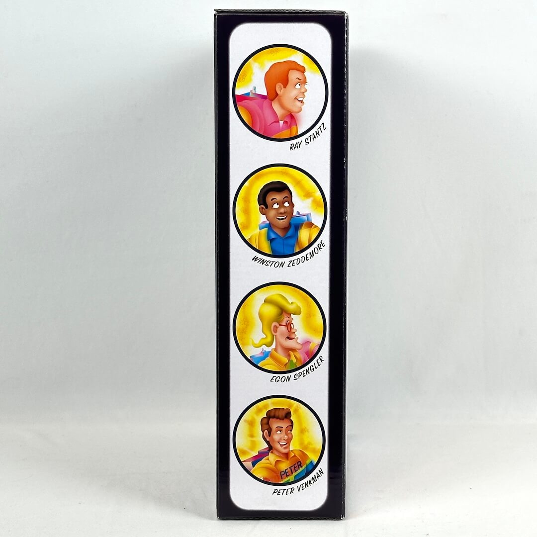 Packaged product with circular portraits of animated characters on a white background