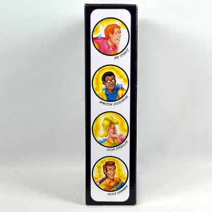 Packaged product with circular portraits of animated characters on a white background