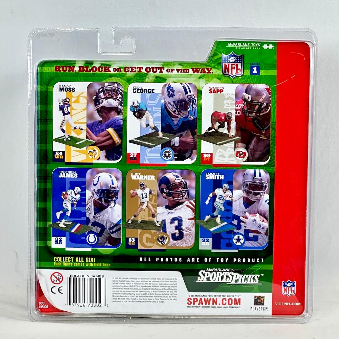 Packaged toy figures with NFL branding on a gray background