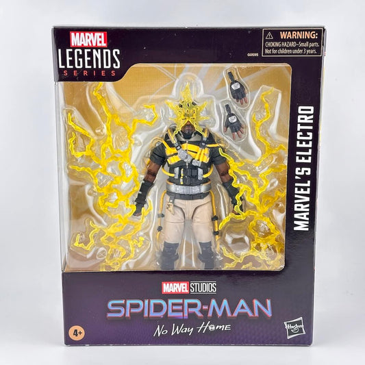 Marvel Legends Spider-Man action figure packaging with yellow energy effects on a white background