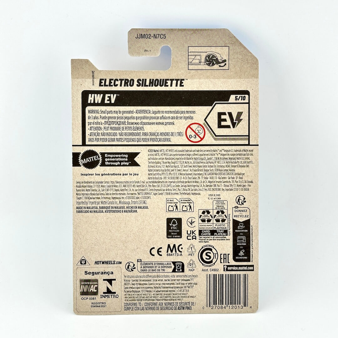 The back of a kraft paper retail package for Electro Silhouette HW EV by Hot Wheels, featuring product information.