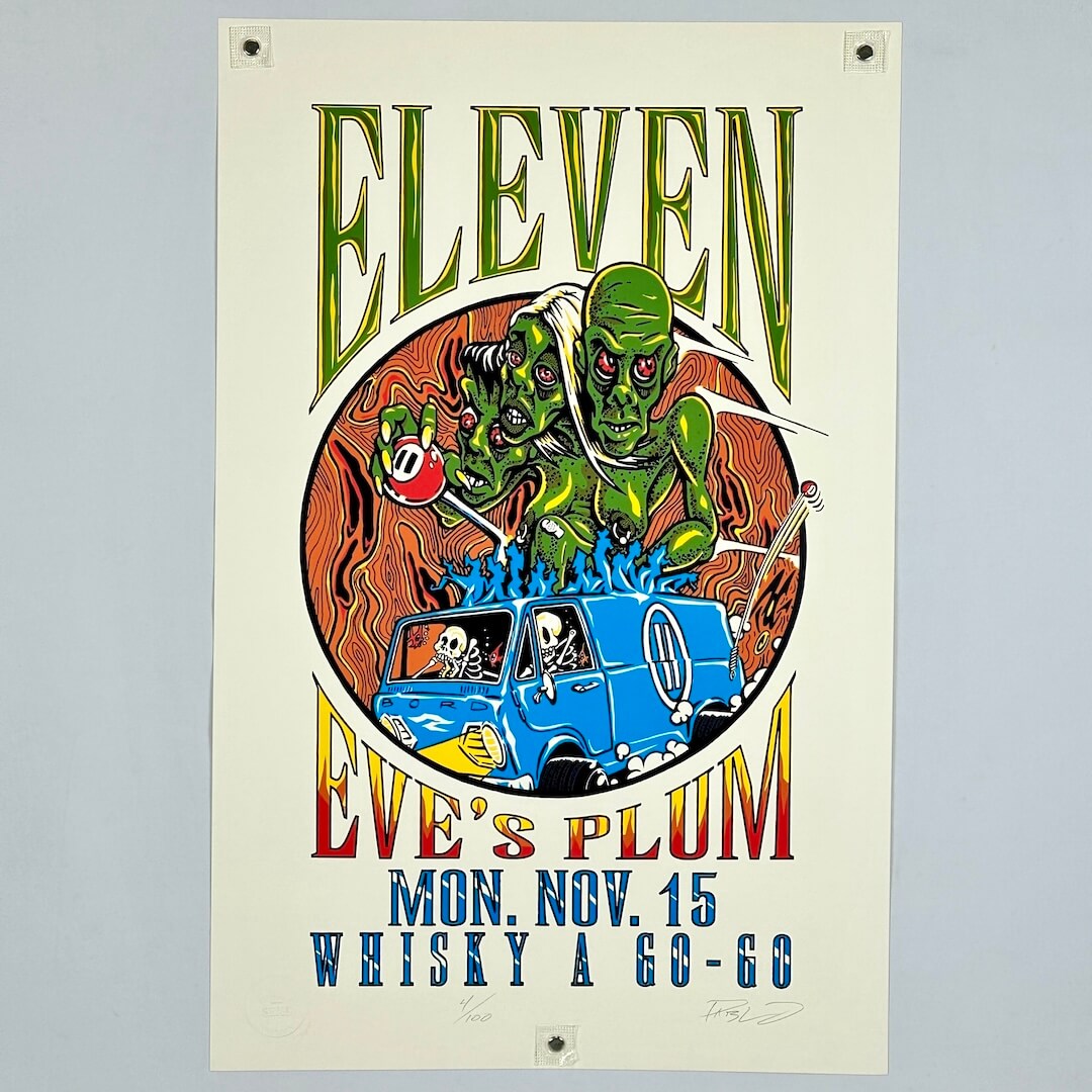 Promotional poster for an event featuring a green alien and blue van, with text indicating date and venue.