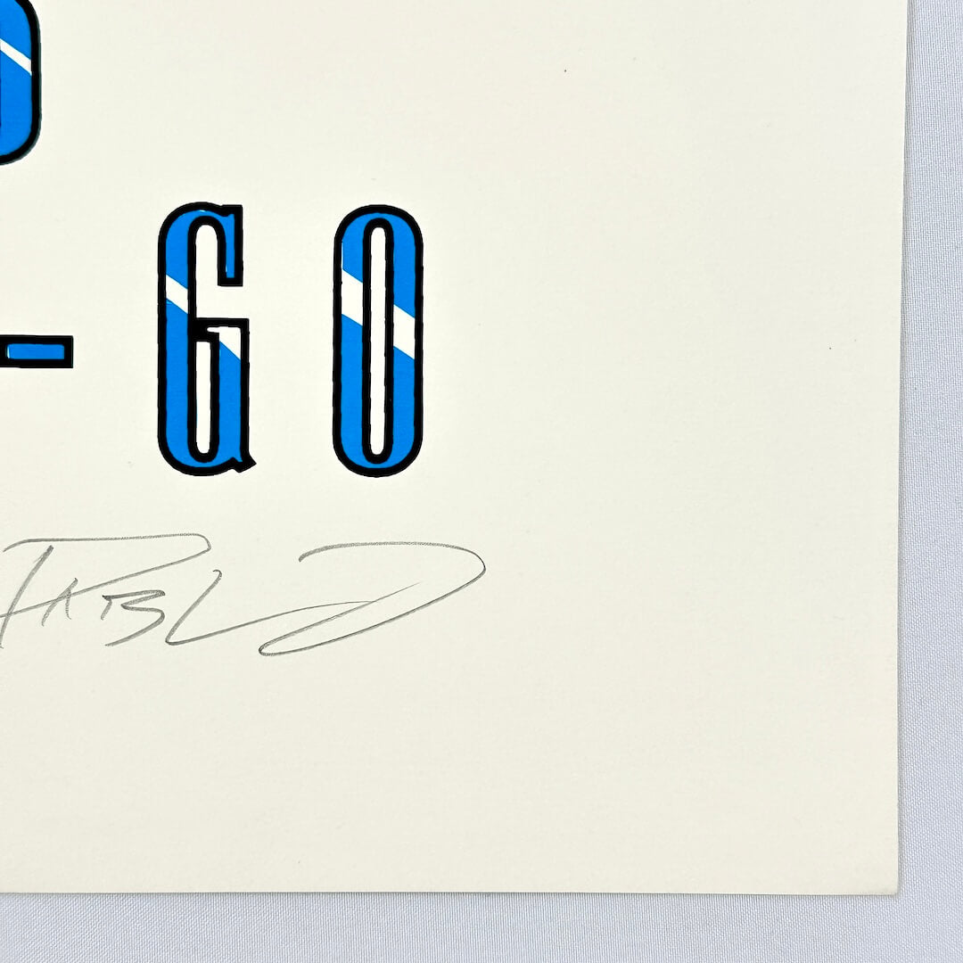 Bottom right corner of poster showing crisp corner and clean edges and artist signature. 