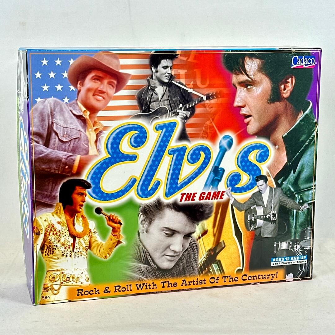 Elvis Presley-themed board game box with images of the musician and colorful design.