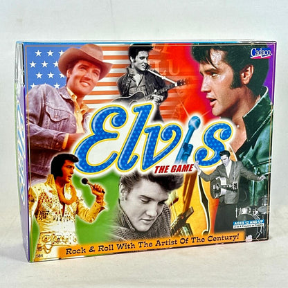 Elvis Presley-themed board game box with images of the musician and colorful design.