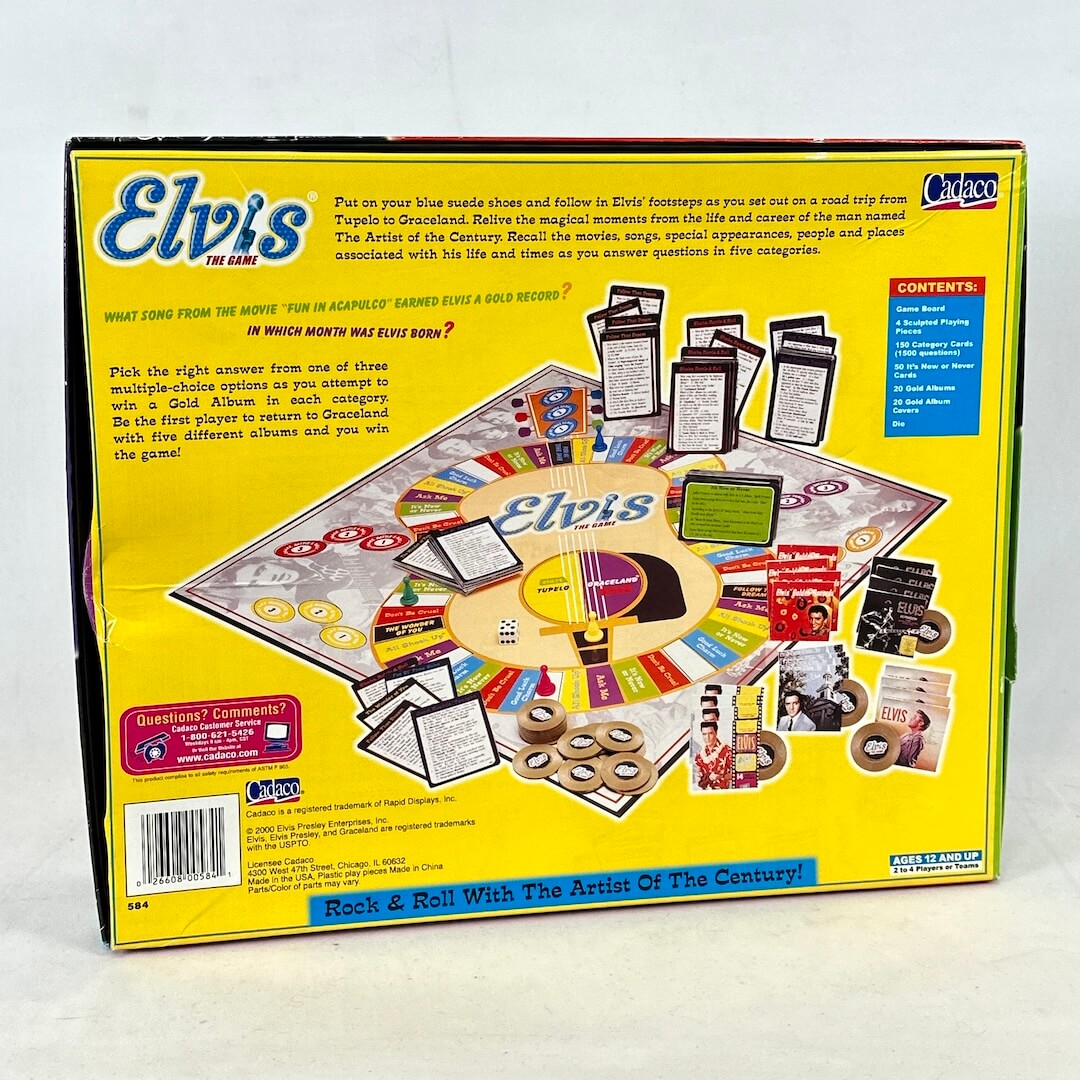 Elvis-themed board game box with colorful graphics and text on a white background