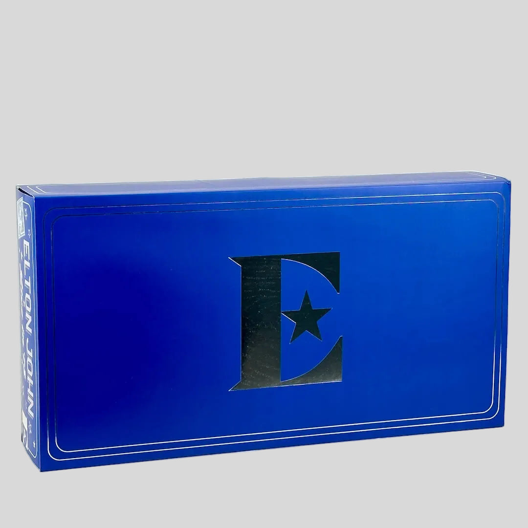 Blue box with a letter 'E' and star design on a white background