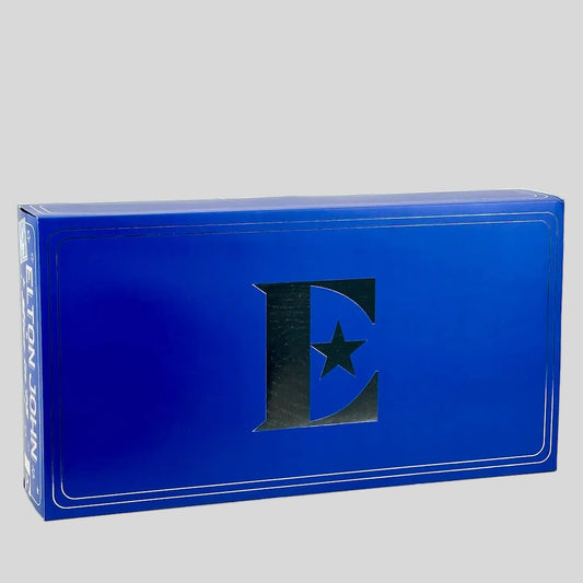 Blue box with a letter 'E' and star design on a white background