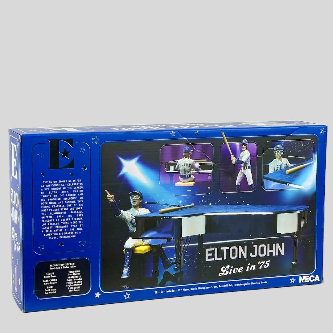 Elton John action figure set packaging with blue border and images of the figure on a white background