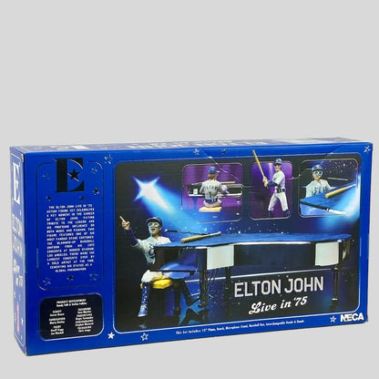 Elton John action figure set packaging with blue border and images of the figure on a white background
