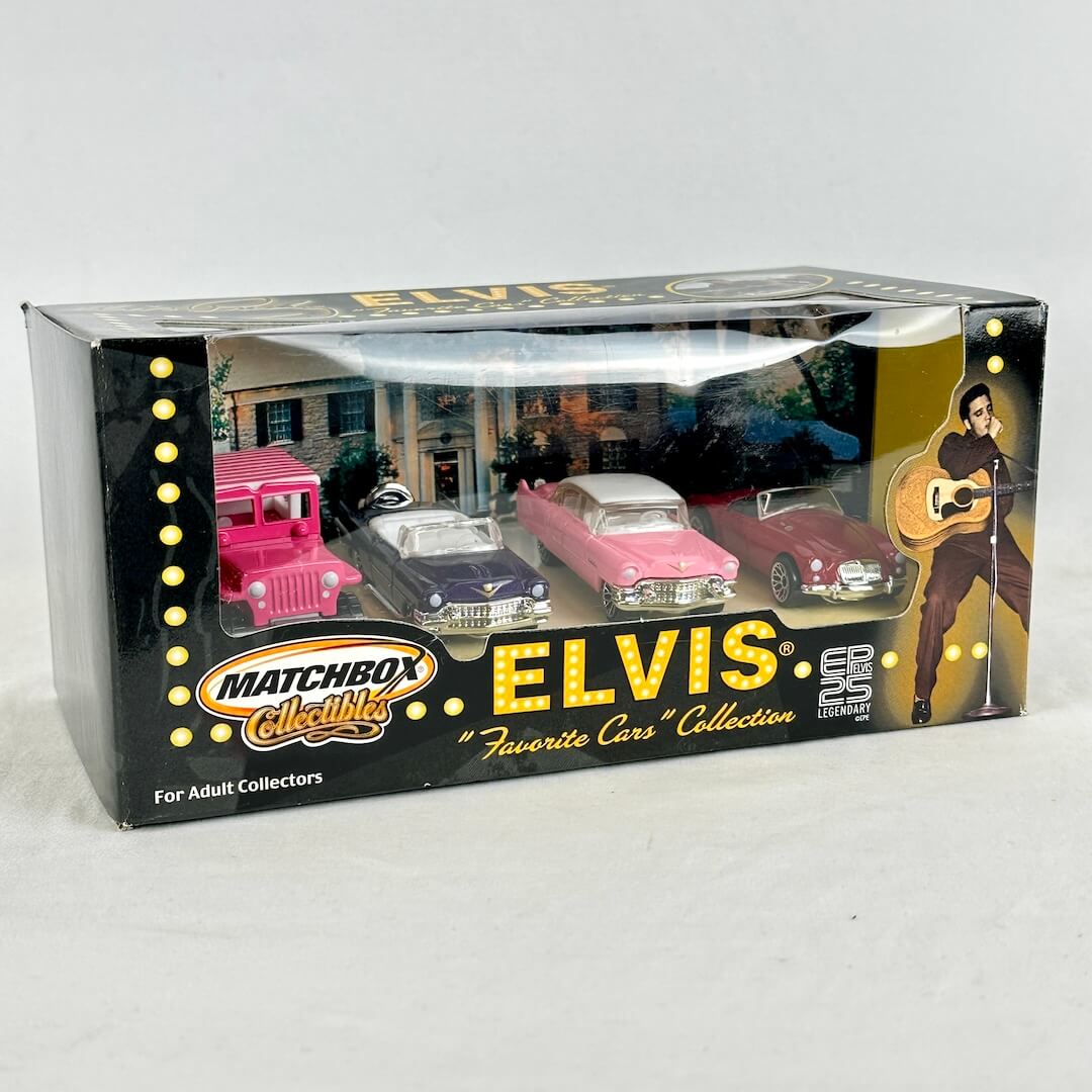Matchbox Elvis 'Favorite Cars' Collection Car Set in its original retail packaging, featuring four miniature classic cars.