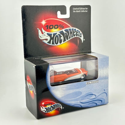 A Hot Wheels 100% El Woody diecast car in its original packaging, featuring a clear window showing the car inside.