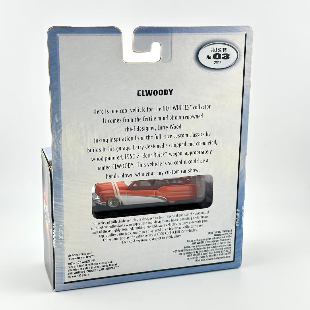 Back view of a boxed collectible model car package for Elwoody, showing product description text. 