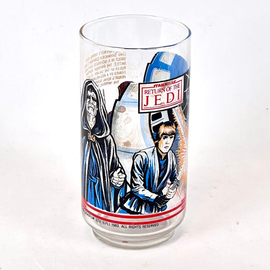 Drinking glass with Star Wars design featuring characters and 'Return of the Jedi' text.